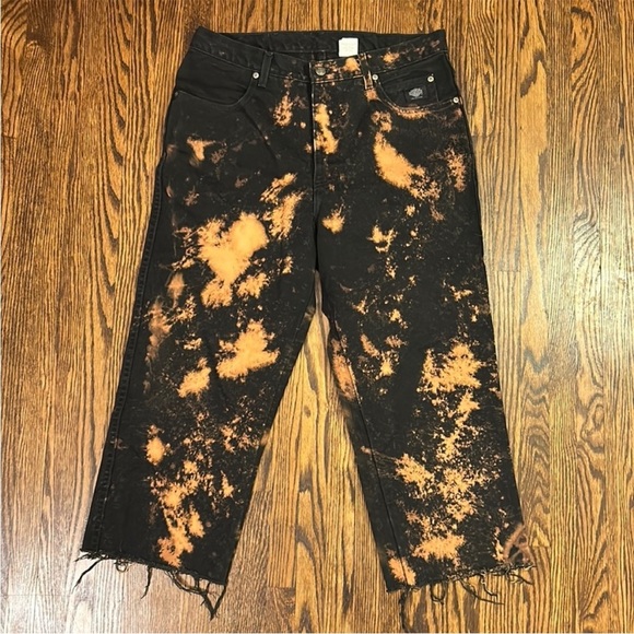 Vintage 90s Harley Davidson Bleached Jeans Acid Wash Black Orange Grunge Unisex - Picture 1 of 9